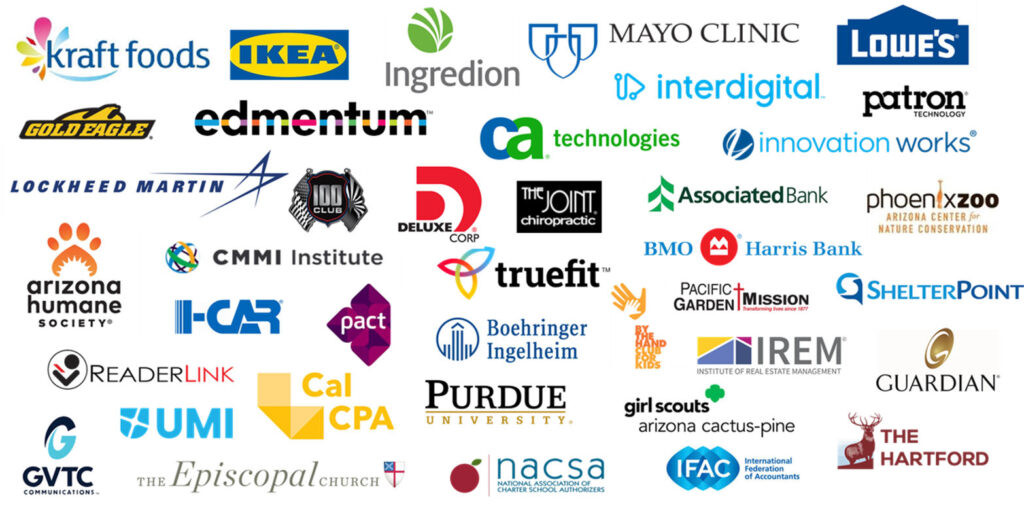 Collection of client logos representing organizations served by Brighton Leadership